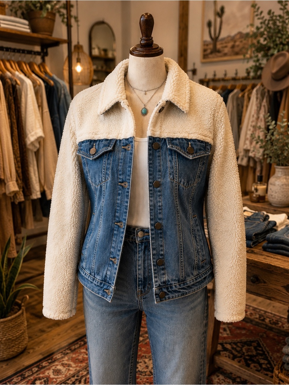 Ashley Vintage Charm Denim Sherpa Trucker Jacket Medium Cream Teddy